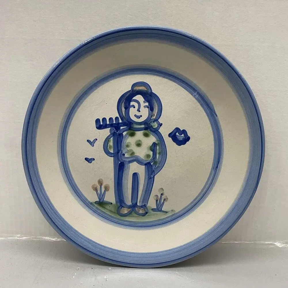 M.A. Hadley Pottery 3 Pc Dinner Plate Set 11” Farmer Wife Horse Blue Folk Art